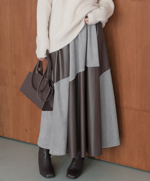 AMELY（エミリー）の「異素材ドッキング フレアスカート（スカート・レディース・ベージュ/グレー・フリー）」の8枚目の写真