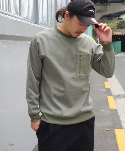 NO NEED(ノーニード)の「ヘリンボーン裏起毛プルオーバー(Tシャツ/カットソー・メンズ・オリーブ/ブラック・M/L)」の2枚目の写真