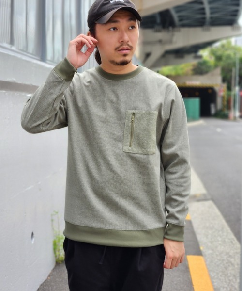 NO NEED(ノーニード)の「ヘリンボーン裏起毛プルオーバー(Tシャツ/カットソー・メンズ・オリーブ/ブラック・M/L)」の8枚目の写真