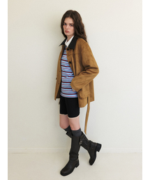 Belted Collar Suede Jacket Camel