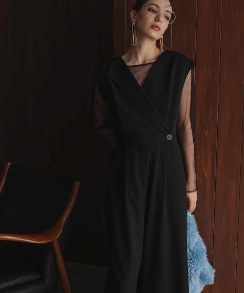 Callarus（カラルス）の「アシメカラーデザインオールインパンツドレス（チュールブラウス＋オールインワンパンツ）〔Callarus〕（パンツドレス・レディース・グレー/ブラック系/ブラック・LL/L/M）」の11枚目の写真