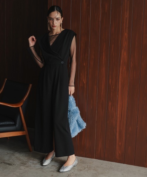 Callarus（カラルス）の「アシメカラーデザインオールインパンツドレス（チュールブラウス＋オールインワンパンツ）〔Callarus〕（パンツドレス・レディース・グレー/ブラック系/ブラック・LL/L/M）」の12枚目の写真