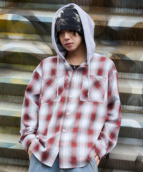 WEGO（ウィゴー）の「WEGO/【26年春新作】オンブレチェックフードシャツ（シャツ/ブラウス・メンズ・ブラック系その他2/ブルー系その他2/レッド系その他2・LARGE/MEDIUM）」の6枚目の写真