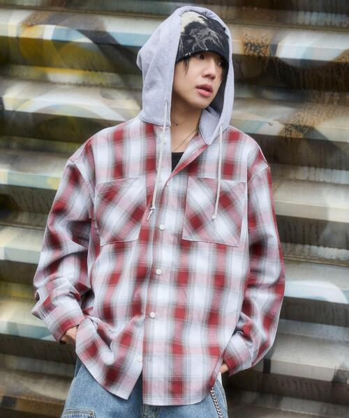 WEGO（ウィゴー）の「WEGO/【26年春新作】オンブレチェックフードシャツ（シャツ/ブラウス・メンズ・ブラック系その他2/ブルー系その他2/レッド系その他2・LARGE/MEDIUM）」の7枚目の写真