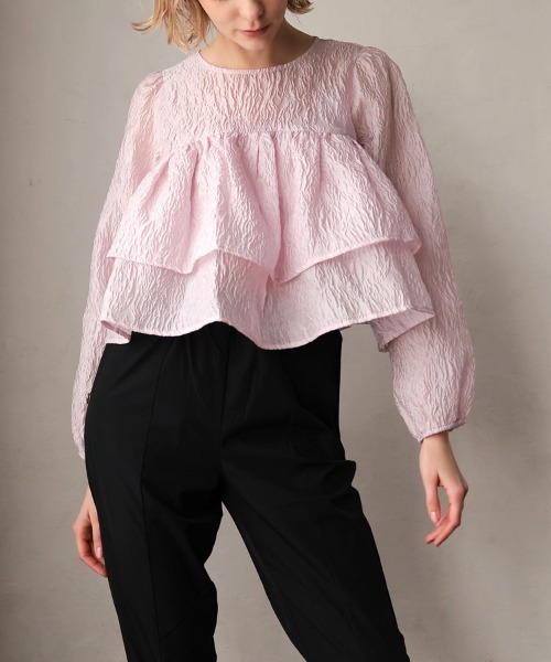 pufe(ピュフェ)の「【pufe】シアージャガードダブルフリルトップス(シャツ/ブラウス・レディース・ブラック/ブルー/ピンク/ホワイト・ONE SIZE)」の11枚目の写真