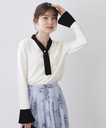 index | バイカラーボウタイパール調ニット【洗濯機OK】(ニット/セーター)