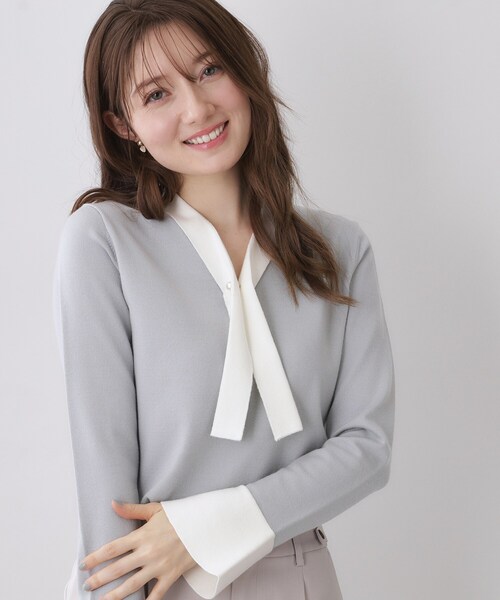 index（インデックス）の「バイカラーボウタイパール調ニット【洗濯機OK】（ニット/セーター・レディース・ライトイエロー系5/ホワイト系7/ネイビー系4/サックスブルー系7・42/40/38/36）」の3枚目の写真