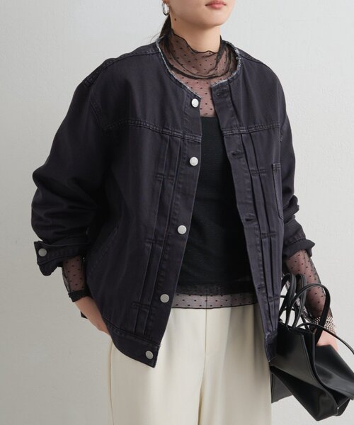 LOUNGEDRESS（ラウンジドレス）の「【ainode/アイノデ】ノーカラーGジャン（デニムジャケット・レディース・ブラック/ブルー・FREE）」の2枚目の写真