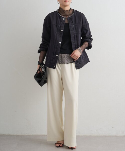 LOUNGEDRESS（ラウンジドレス）の「【ainode/アイノデ】ノーカラーGジャン（デニムジャケット・レディース・ブラック/ブルー・FREE）」の5枚目の写真