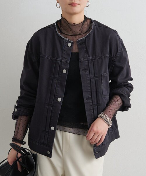 LOUNGEDRESS（ラウンジドレス）の「【ainode/アイノデ】ノーカラーGジャン（デニムジャケット・レディース・ブラック/ブルー・FREE）」の8枚目の写真