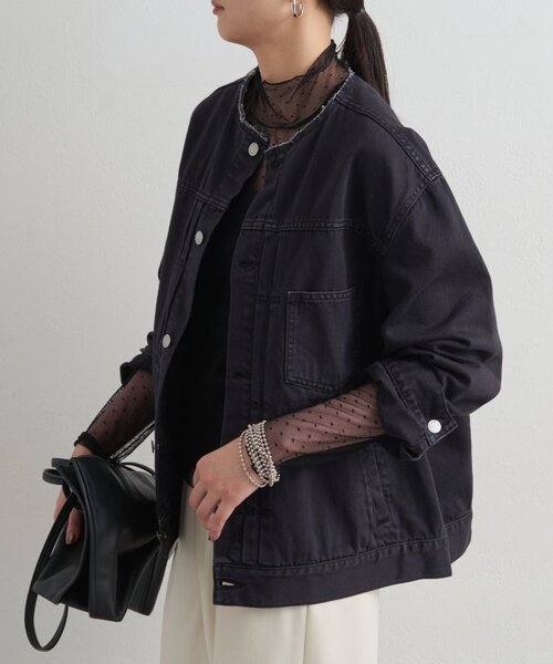 LOUNGEDRESS（ラウンジドレス）の「【ainode/アイノデ】ノーカラーGジャン（デニムジャケット・レディース・ブラック/ブルー・FREE）」の10枚目の写真