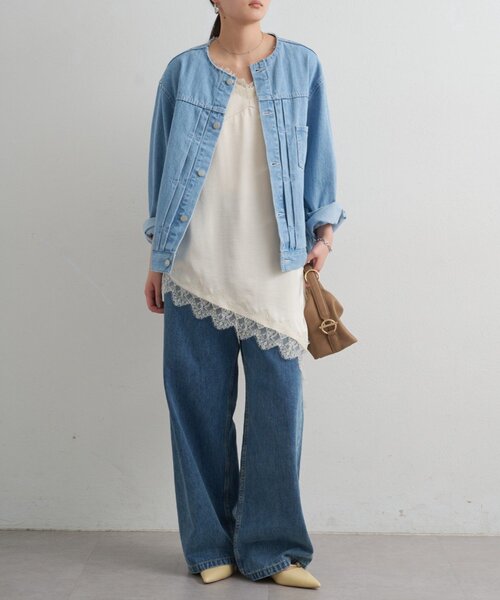 LOUNGEDRESS（ラウンジドレス）の「【ainode/アイノデ】ノーカラーGジャン（デニムジャケット・レディース・ブラック/ブルー・FREE）」の12枚目の写真