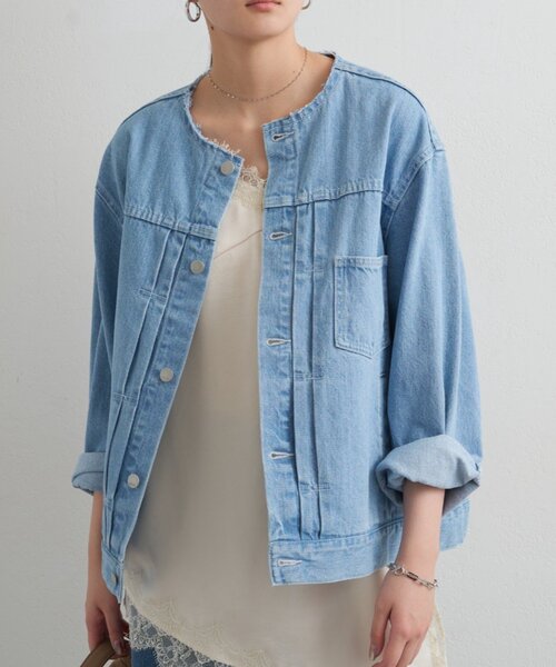 LOUNGEDRESS（ラウンジドレス）の「【ainode/アイノデ】ノーカラーGジャン（デニムジャケット・レディース・ブラック/ブルー・FREE）」の17枚目の写真