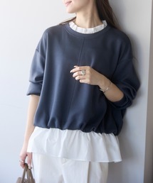 PREFERIR（プレフェリール）の「【異素材ドッキング】襟フリル×裾フレア レイヤード風プルオーバー／大人可愛いトップス（Tシャツ/カットソー）」