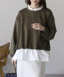 PREFERIR（プレフェリール）の「【異素材ドッキング】襟フリル×裾フレア レイヤード風プルオーバー／大人可愛いトップス（Tシャツ/カットソー）」