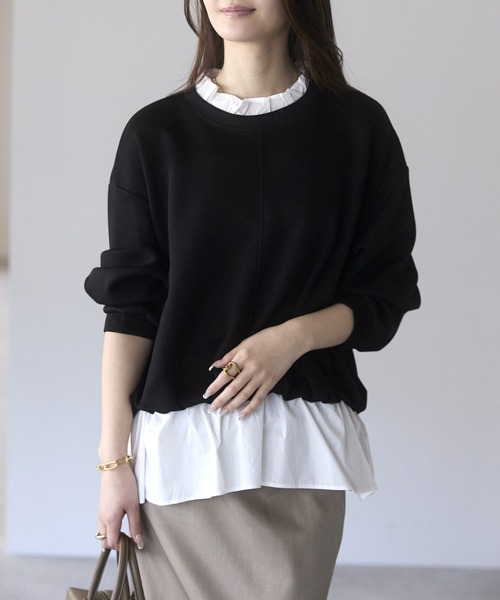 PREFERIR（プレフェリール）の「【異素材ドッキング】襟フリル×裾フレア レイヤード風プルオーバー／大人可愛いトップス（Tシャツ/カットソー・レディース・ブラック/カーキ/グレー・FREE）」の19枚目の写真