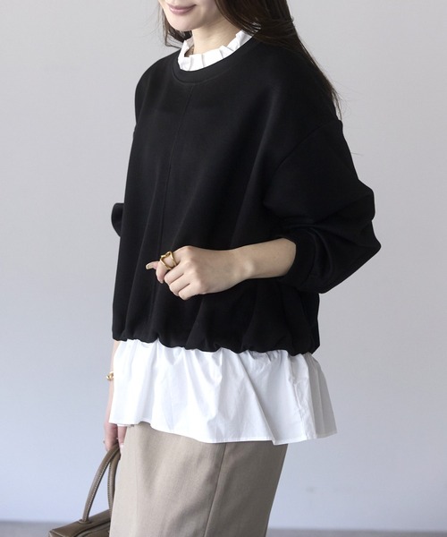 PREFERIR（プレフェリール）の「【異素材ドッキング】襟フリル×裾フレア レイヤード風プルオーバー／大人可愛いトップス（Tシャツ/カットソー・レディース・ブラック/カーキ/グレー・FREE）」の20枚目の写真