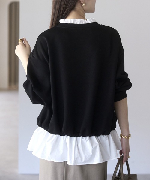 PREFERIR（プレフェリール）の「【異素材ドッキング】襟フリル×裾フレア レイヤード風プルオーバー／大人可愛いトップス（Tシャツ/カットソー・レディース・ブラック/カーキ/グレー・FREE）」の21枚目の写真