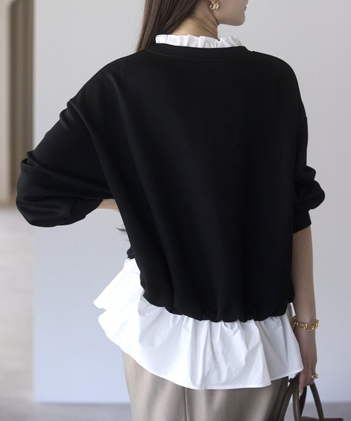 PREFERIR（プレフェリール）の「【異素材ドッキング】襟フリル×裾フレア レイヤード風プルオーバー／大人可愛いトップス（Tシャツ/カットソー・レディース・ブラック/カーキ/グレー・FREE）」の22枚目の写真