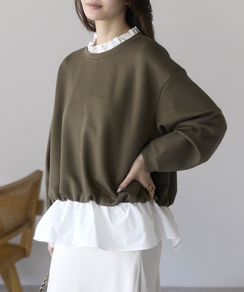 PREFERIR（プレフェリール）の「【異素材ドッキング】襟フリル×裾フレア レイヤード風プルオーバー／大人可愛いトップス（Tシャツ/カットソー・レディース・ブラック/カーキ/グレー・FREE）」の4枚目の写真