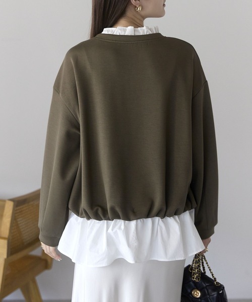 PREFERIR（プレフェリール）の「【異素材ドッキング】襟フリル×裾フレア レイヤード風プルオーバー／大人可愛いトップス（Tシャツ/カットソー・レディース・ブラック/カーキ/グレー・FREE）」の6枚目の写真