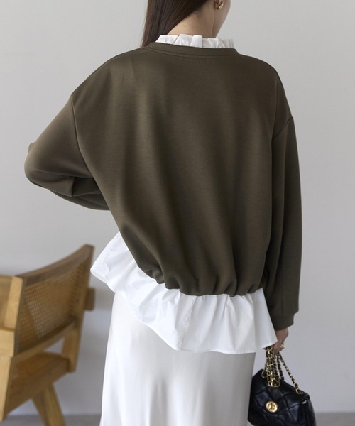PREFERIR（プレフェリール）の「【異素材ドッキング】襟フリル×裾フレア レイヤード風プルオーバー／大人可愛いトップス（Tシャツ/カットソー・レディース・ブラック/カーキ/グレー・FREE）」の7枚目の写真