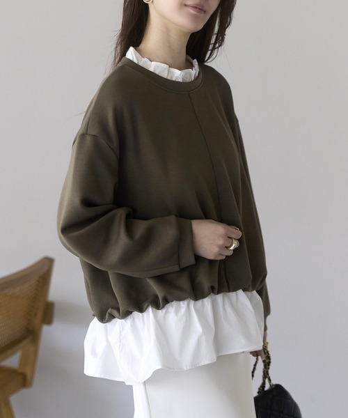 PREFERIR（プレフェリール）の「【異素材ドッキング】襟フリル×裾フレア レイヤード風プルオーバー／大人可愛いトップス（Tシャツ/カットソー・レディース・ブラック/カーキ/グレー・FREE）」の8枚目の写真