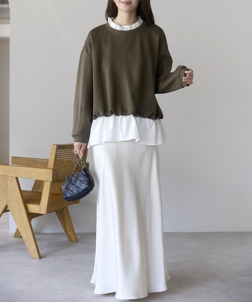 PREFERIR（プレフェリール）の「【異素材ドッキング】襟フリル×裾フレア レイヤード風プルオーバー／大人可愛いトップス（Tシャツ/カットソー・レディース・ブラック/カーキ/グレー・FREE）」の9枚目の写真