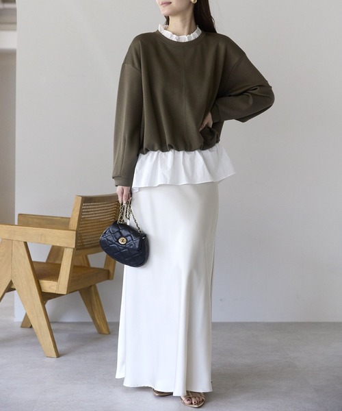 PREFERIR（プレフェリール）の「【異素材ドッキング】襟フリル×裾フレア レイヤード風プルオーバー／大人可愛いトップス（Tシャツ/カットソー・レディース・ブラック/カーキ/グレー・FREE）」の10枚目の写真