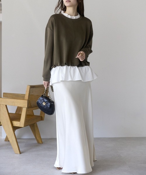 PREFERIR（プレフェリール）の「【異素材ドッキング】襟フリル×裾フレア レイヤード風プルオーバー／大人可愛いトップス（Tシャツ/カットソー・レディース・ブラック/カーキ/グレー・FREE）」の11枚目の写真