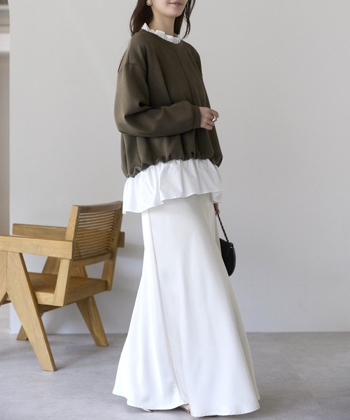 PREFERIR（プレフェリール）の「【異素材ドッキング】襟フリル×裾フレア レイヤード風プルオーバー／大人可愛いトップス（Tシャツ/カットソー・レディース・ブラック/カーキ/グレー・FREE）」の12枚目の写真