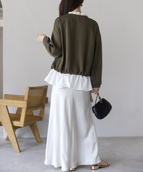 PREFERIR（プレフェリール）の「【異素材ドッキング】襟フリル×裾フレア レイヤード風プルオーバー／大人可愛いトップス（Tシャツ/カットソー・レディース・ブラック/カーキ/グレー・FREE）」の13枚目の写真