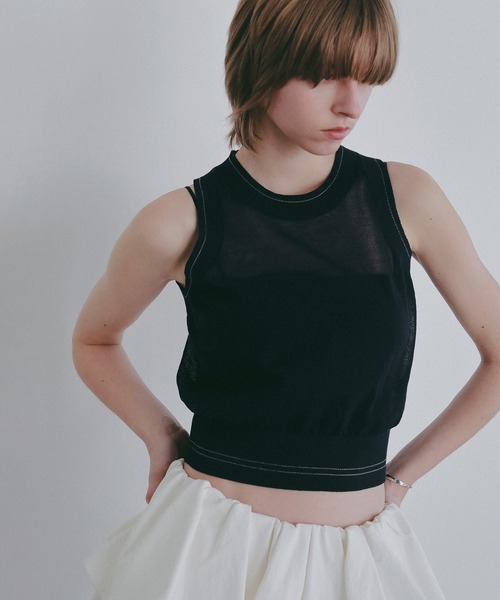 MANOF(マノフ)の「SHEER SLEEVELESS KNIT(ニット/セーター・レディース・ライム/ホワイト/ネイビー・F)」の1枚目の写真