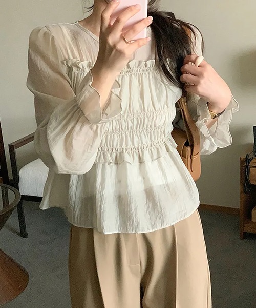 Girly Doll(ガーリードール)の「シアーフリルギャザーブラウス(シャツ/ブラウス・レディース・グレー/ベージュ・F)」の11枚目の写真