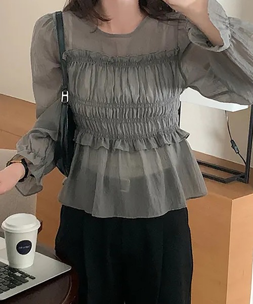 Girly Doll(ガーリードール)の「シアーフリルギャザーブラウス(シャツ/ブラウス・レディース・グレー/ベージュ・F)」の13枚目の写真