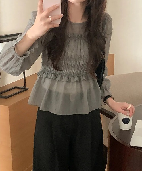 Girly Doll(ガーリードール)の「シアーフリルギャザーブラウス(シャツ/ブラウス・レディース・グレー/ベージュ・F)」の21枚目の写真