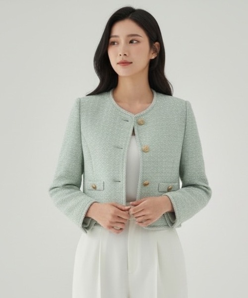 SWINGLE（スウィングル）の「【3/6(Fri)発売】ラメツイードノーカラージャケット（ノーカラージャケット・レディース・オフホワイト/ミント/イエロー・MEDIUM/SMALL）」の2枚目の写真