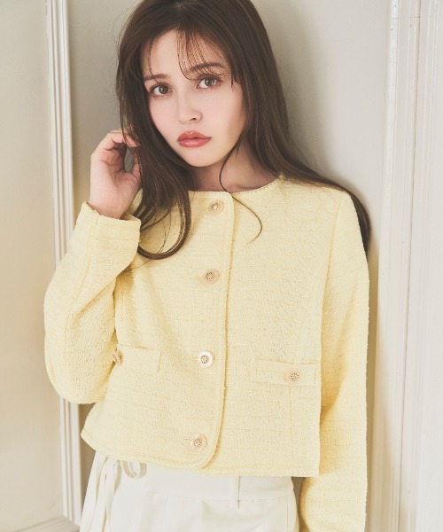 SWINGLE（スウィングル）の「【3/6(Fri)発売】ラメツイードノーカラージャケット（ノーカラージャケット・レディース・オフホワイト/ミント/イエロー・MEDIUM/SMALL）」の4枚目の写真