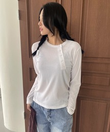 斜めボタンデザイン長袖Tシャツカットソー