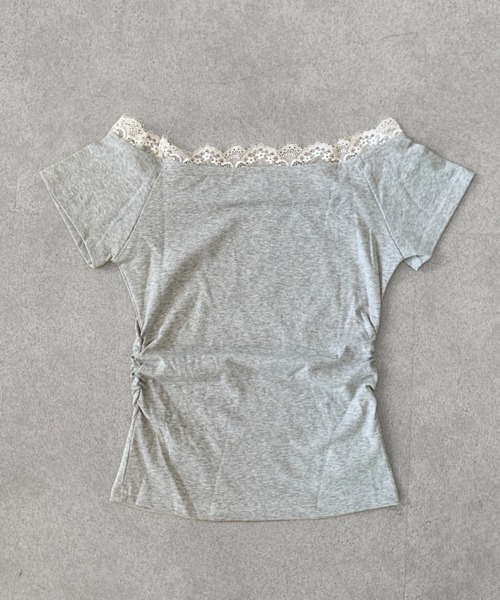 SHEPP(シープ)の「チョーカー風レースネック ロゴプリント オフショルTシャツ 半袖T(Tシャツ/カットソー・レディース・グレー・F)」の3枚目の写真