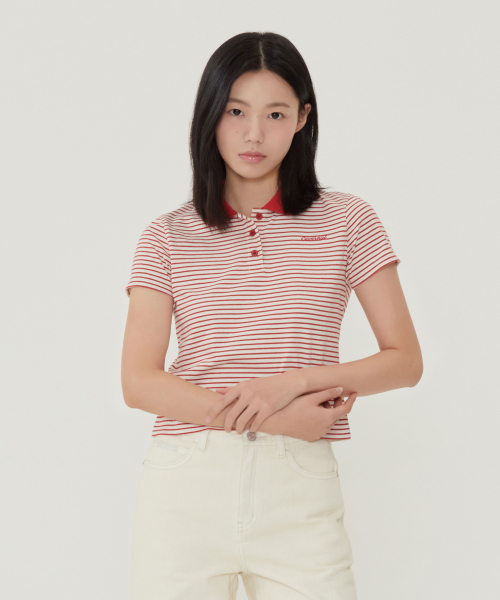 ウィメンズスリムストライプTシャツレッド
