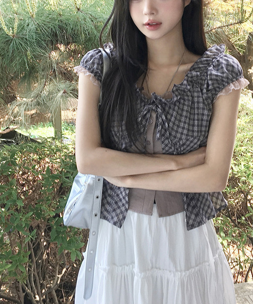 VIVID LADY(ビビッドレディー)の「レイヤード風 チェックリボン 半袖ブラウス(シャツ/ブラウス・レディース・ブラック/ネイビー/グレー・FREE)」の21枚目の写真