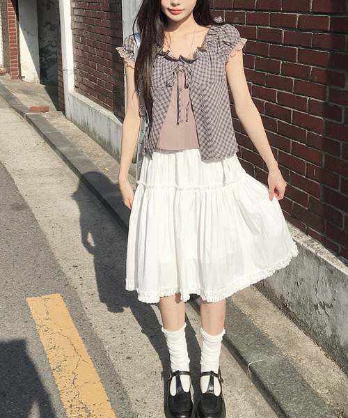 VIVID LADY(ビビッドレディー)の「レイヤード風 チェックリボン 半袖ブラウス(シャツ/ブラウス・レディース・ブラック/ネイビー/グレー・FREE)」の4枚目の写真