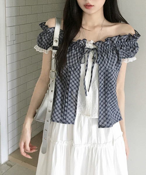 VIVID LADY(ビビッドレディー)の「レイヤード風 チェックリボン 半袖ブラウス(シャツ/ブラウス・レディース・ブラック/ネイビー/グレー・FREE)」の11枚目の写真