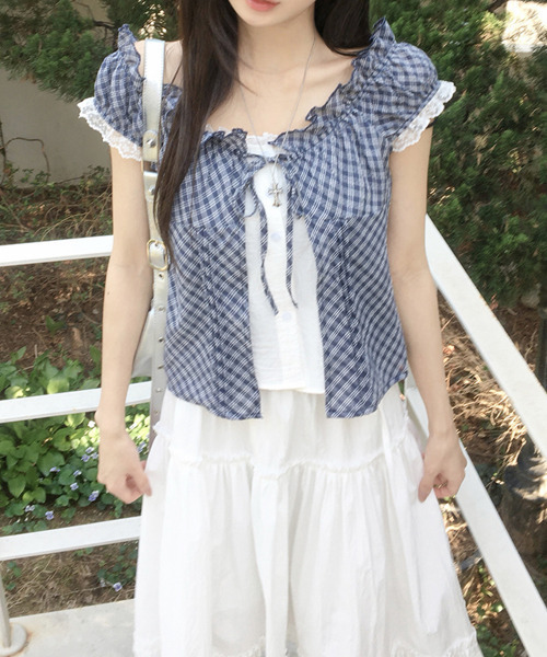 VIVID LADY(ビビッドレディー)の「レイヤード風 チェックリボン 半袖ブラウス(シャツ/ブラウス・レディース・ブラック/ネイビー/グレー・FREE)」の12枚目の写真