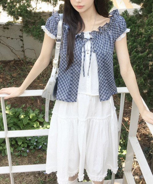 VIVID LADY(ビビッドレディー)の「レイヤード風 チェックリボン 半袖ブラウス(シャツ/ブラウス・レディース・ブラック/ネイビー/グレー・FREE)」の15枚目の写真