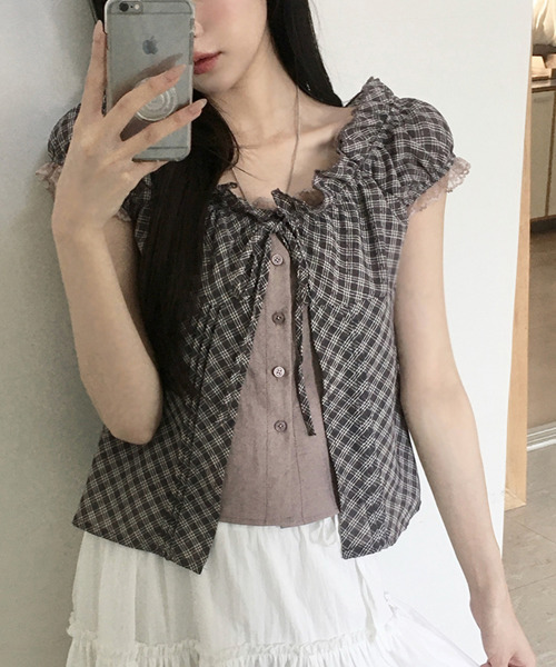 VIVID LADY(ビビッドレディー)の「レイヤード風 チェックリボン 半袖ブラウス(シャツ/ブラウス・レディース・ブラック/ネイビー/グレー・FREE)」の18枚目の写真