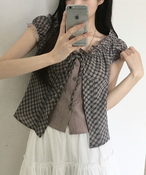 VIVID LADY(ビビッドレディー)の「レイヤード風 チェックリボン 半袖ブラウス(シャツ/ブラウス・レディース・ブラック/ネイビー/グレー・FREE)」の19枚目の写真