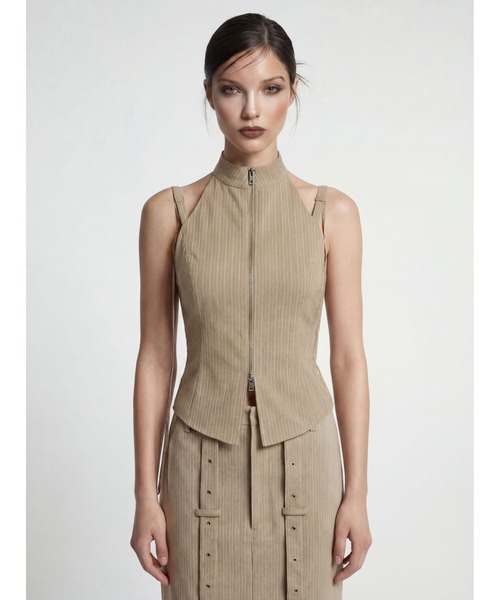 TAJEN:T(タジェント)の「【TAJEN:T】BELT STRAP HALTER NECK TOPS/ベルトストラップホルターネックトップス/セットアップ着用可能(シャツ/ブラウス・レディース・ベージュ/グレー・2/1)」の2枚目の写真