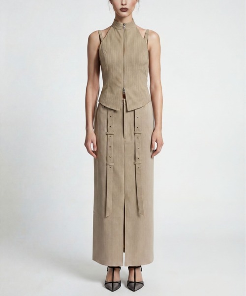 TAJEN:T(タジェント)の「【TAJEN:T】BELT STRAP HALTER NECK TOPS/ベルトストラップホルターネックトップス/セットアップ着用可能(シャツ/ブラウス・レディース・ベージュ/グレー・2/1)」の6枚目の写真